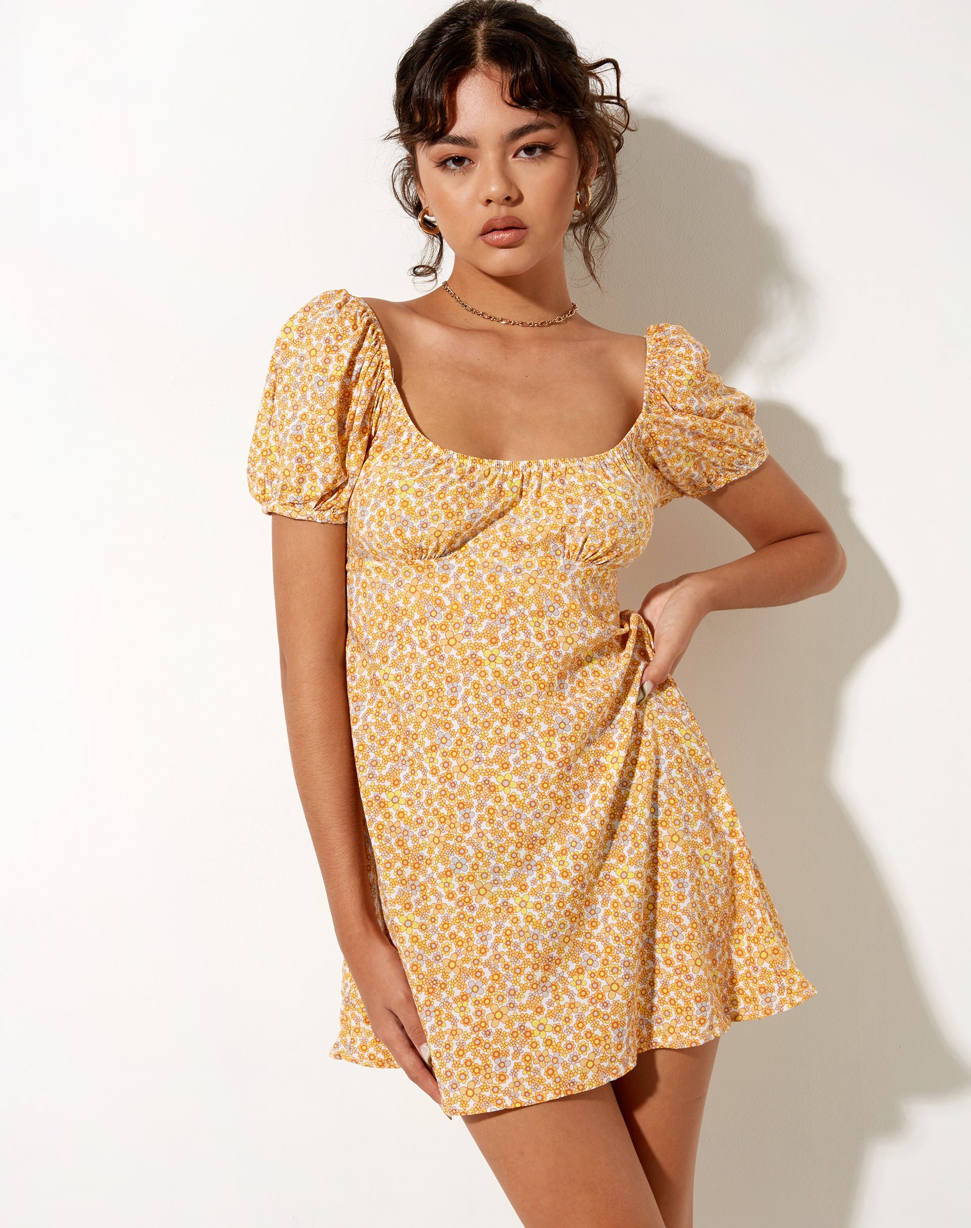 Yellow Floral Short Sleeve Mini Dress ...